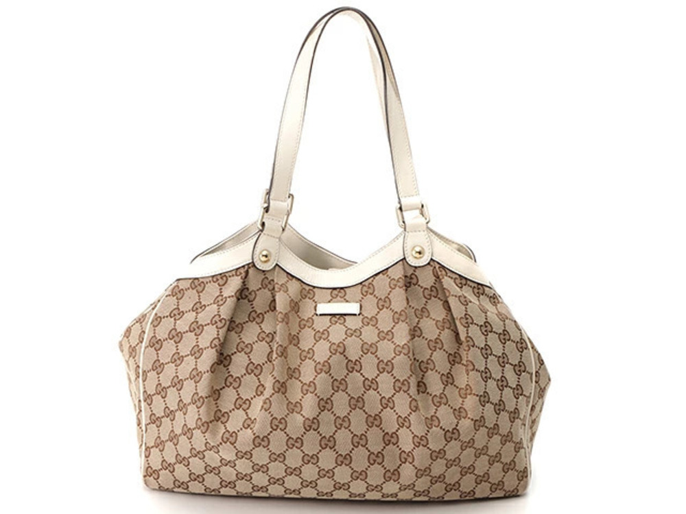 Gucci GG Shoulder Tote Bag Beige Cream Canvas Leather